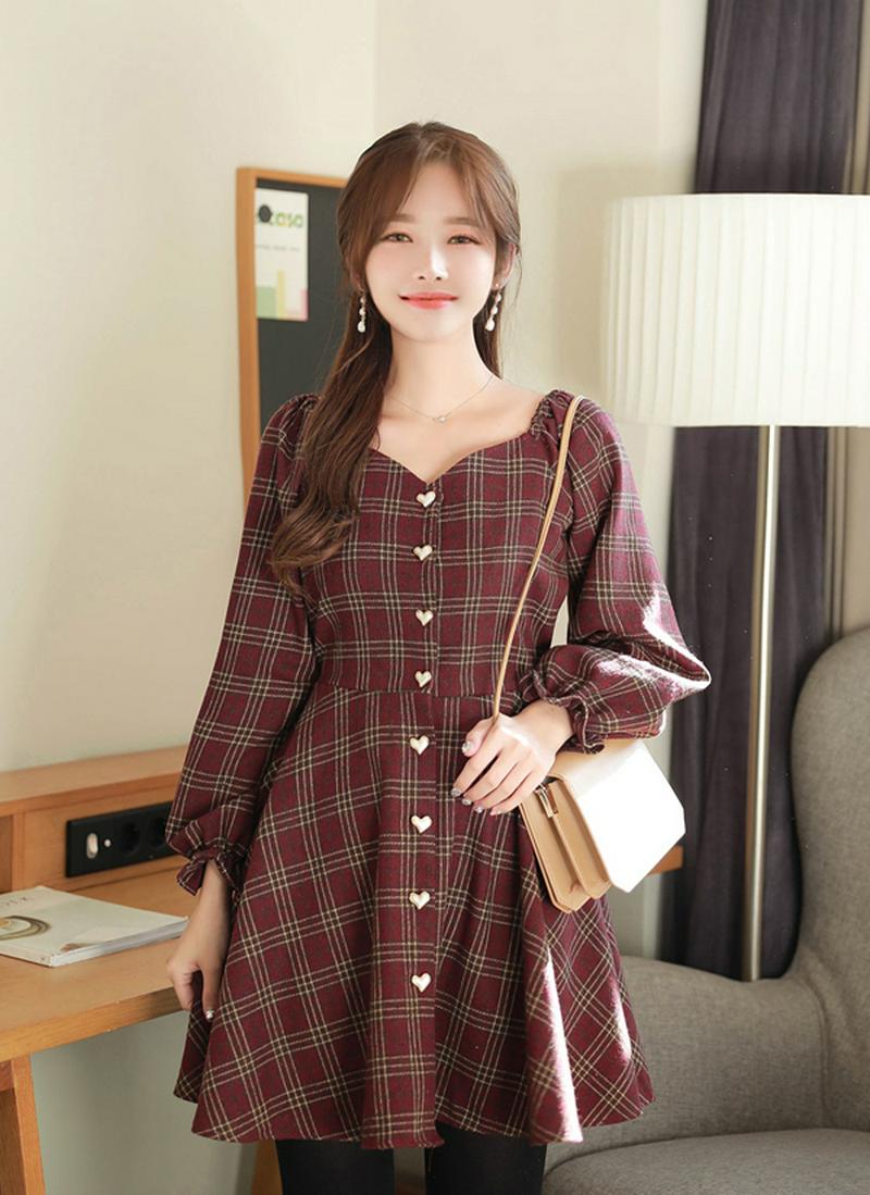 ハートボタンチェックワンピース