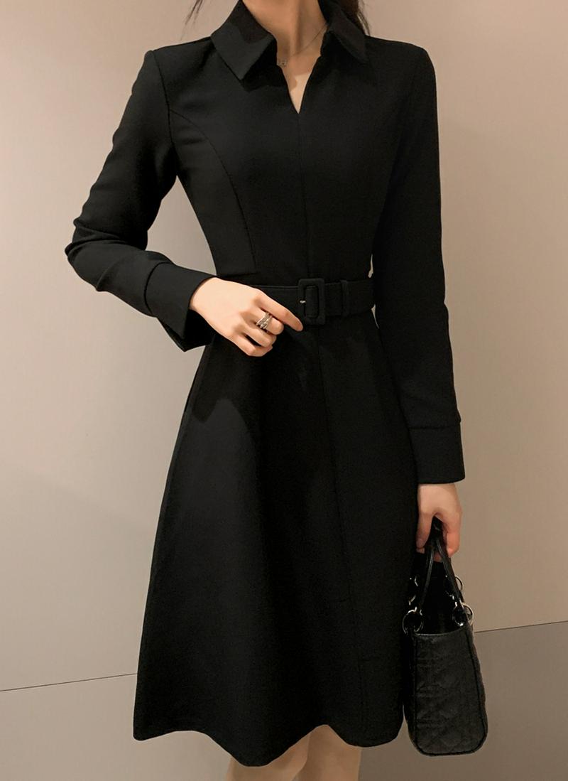 ベルト付スリットカラーワンピース