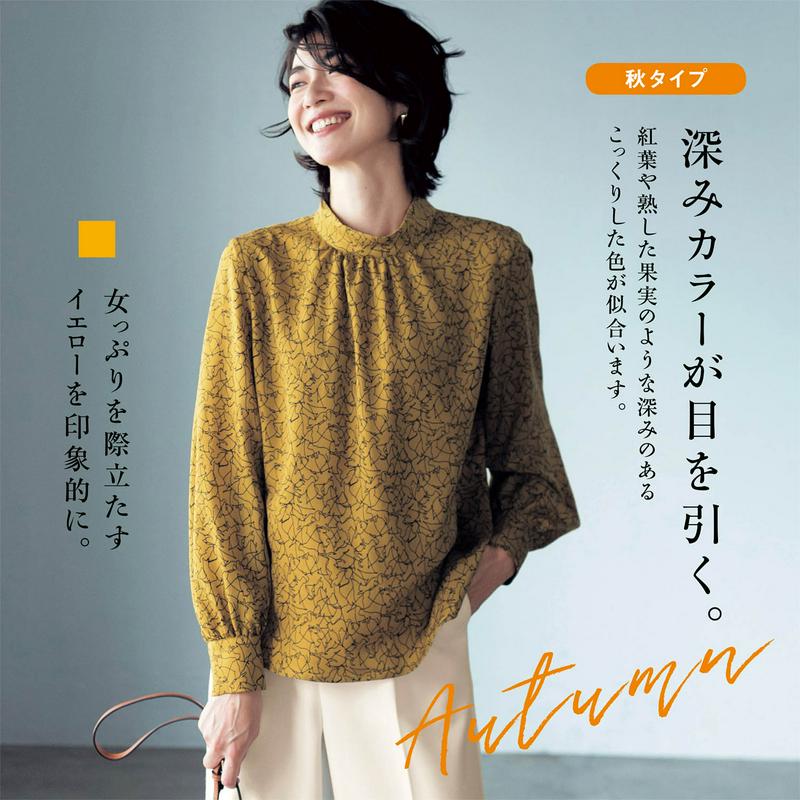 キャットプリントスタンドカラーブラウス【パーソナルカラー／ＡＵＴＵＭＮ】