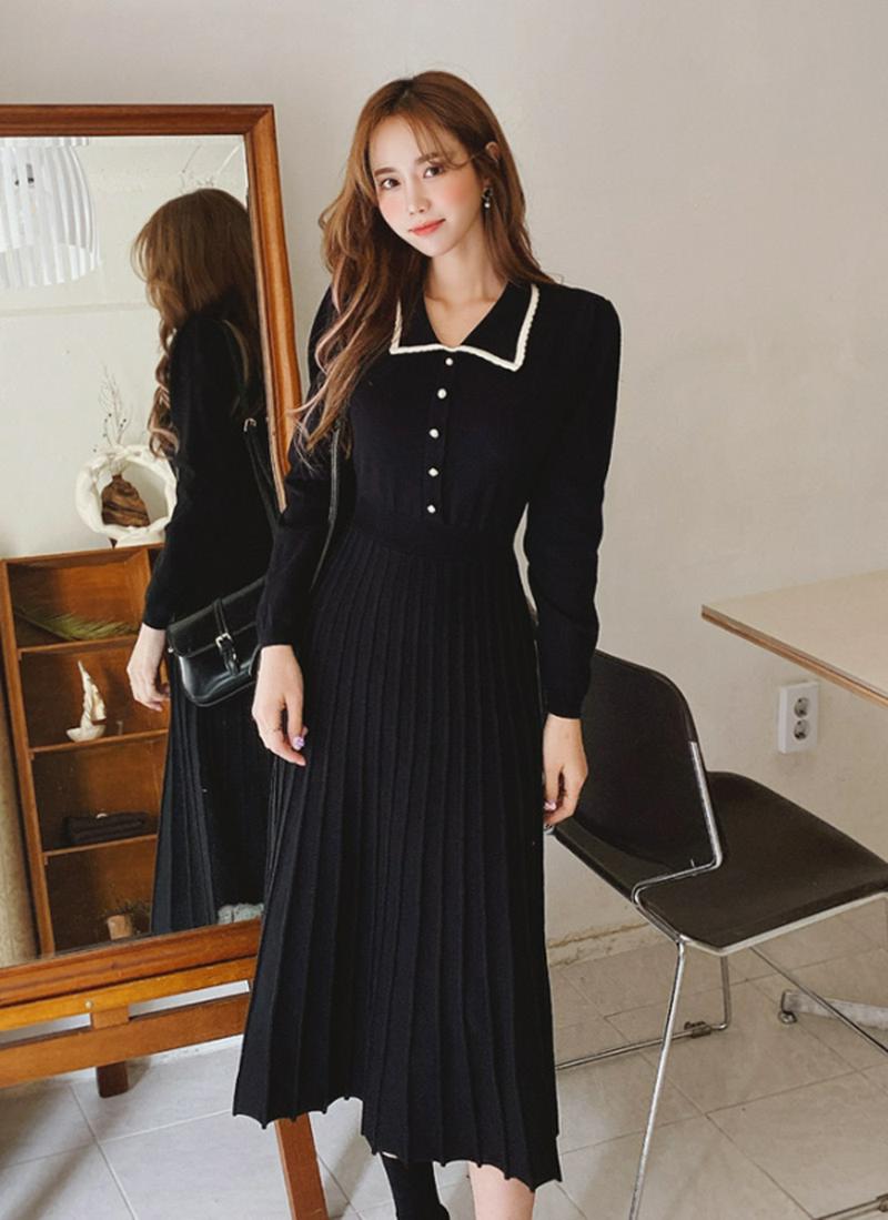 パール風ボタンカラーニットワンピース