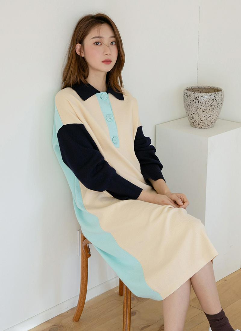 カラーブロックニットワンピース