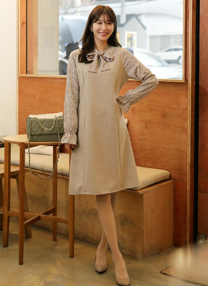 フェイクレイヤードリボンワンピース