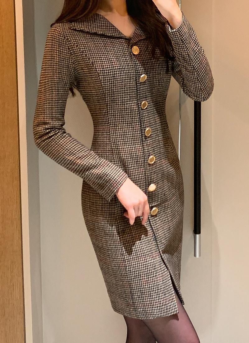 ボタンチェックカラーワンピース