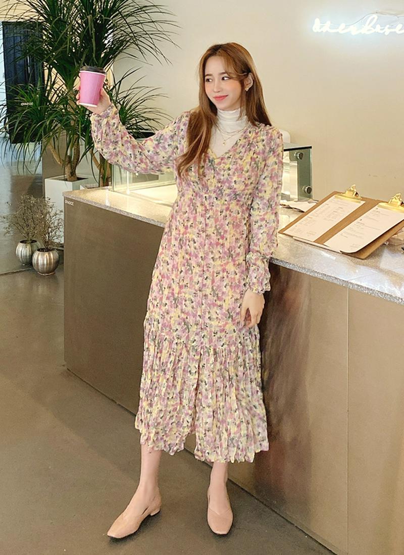 フラワーリンクルロングワンピース