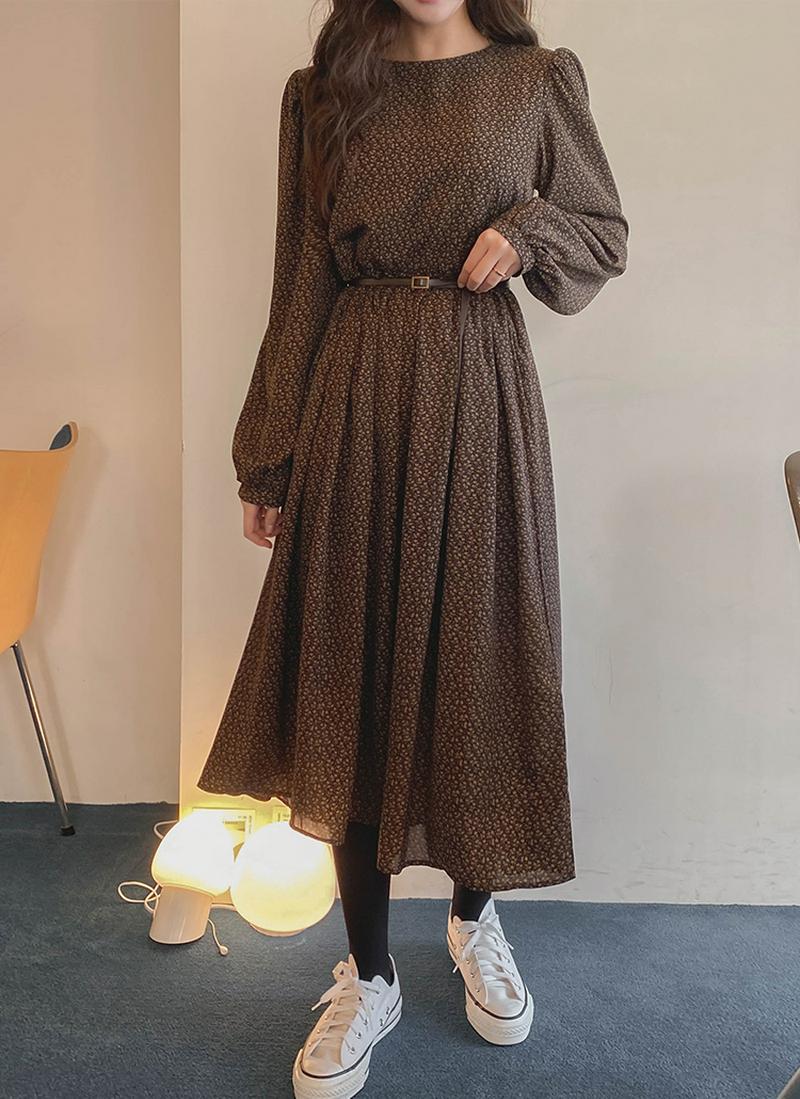 ベルト付小花柄ワンピース