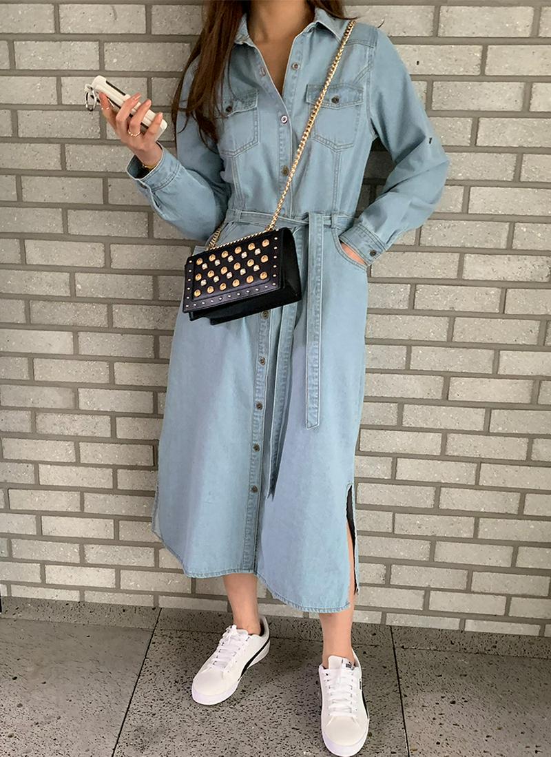 ストラップ付デニムシャツワンピース