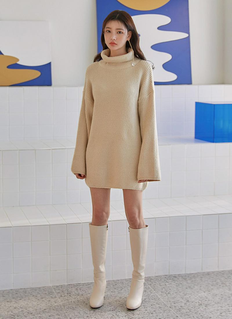 ハイネックリブニットミニワンピース