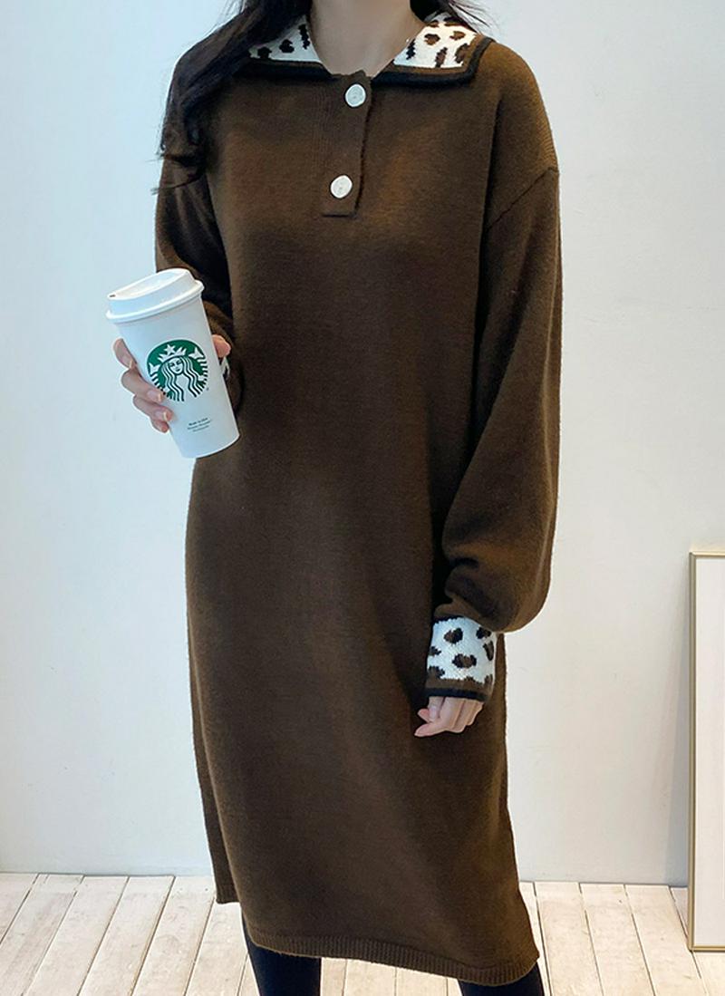 レオパードポイントカラーニットワンピース