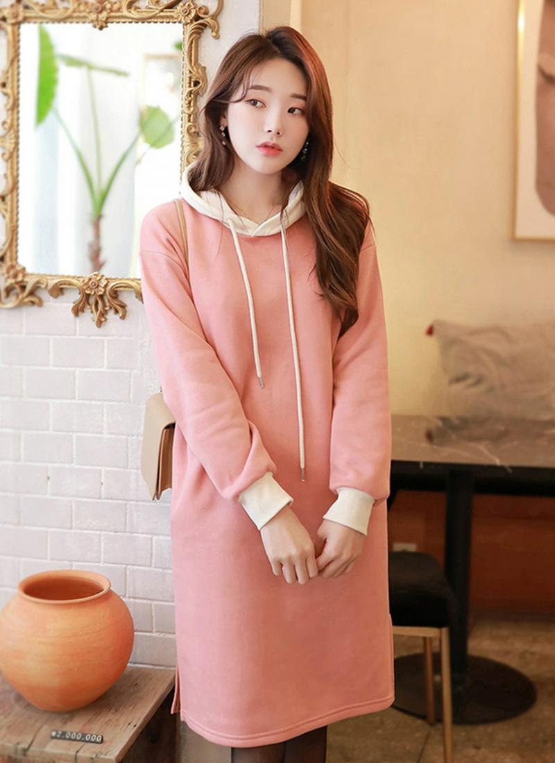 裏起毛配色フードワンピース