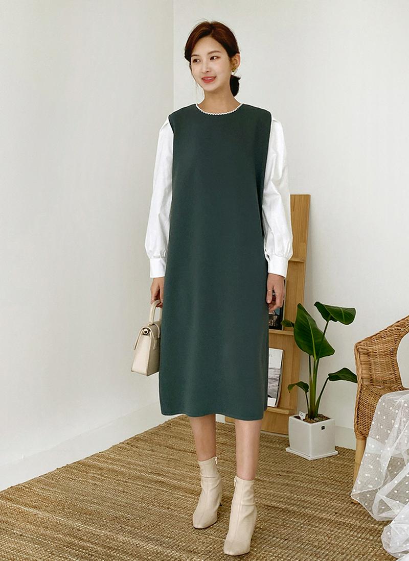 レースネック配色ワンピース・全2色