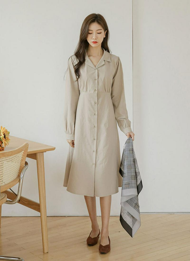 開襟ボタンフレアワンピース