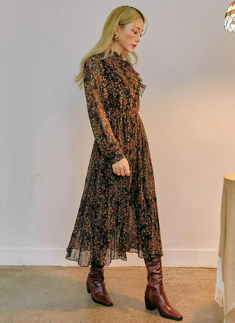 フリルプリーツ花柄シフォンワンピース