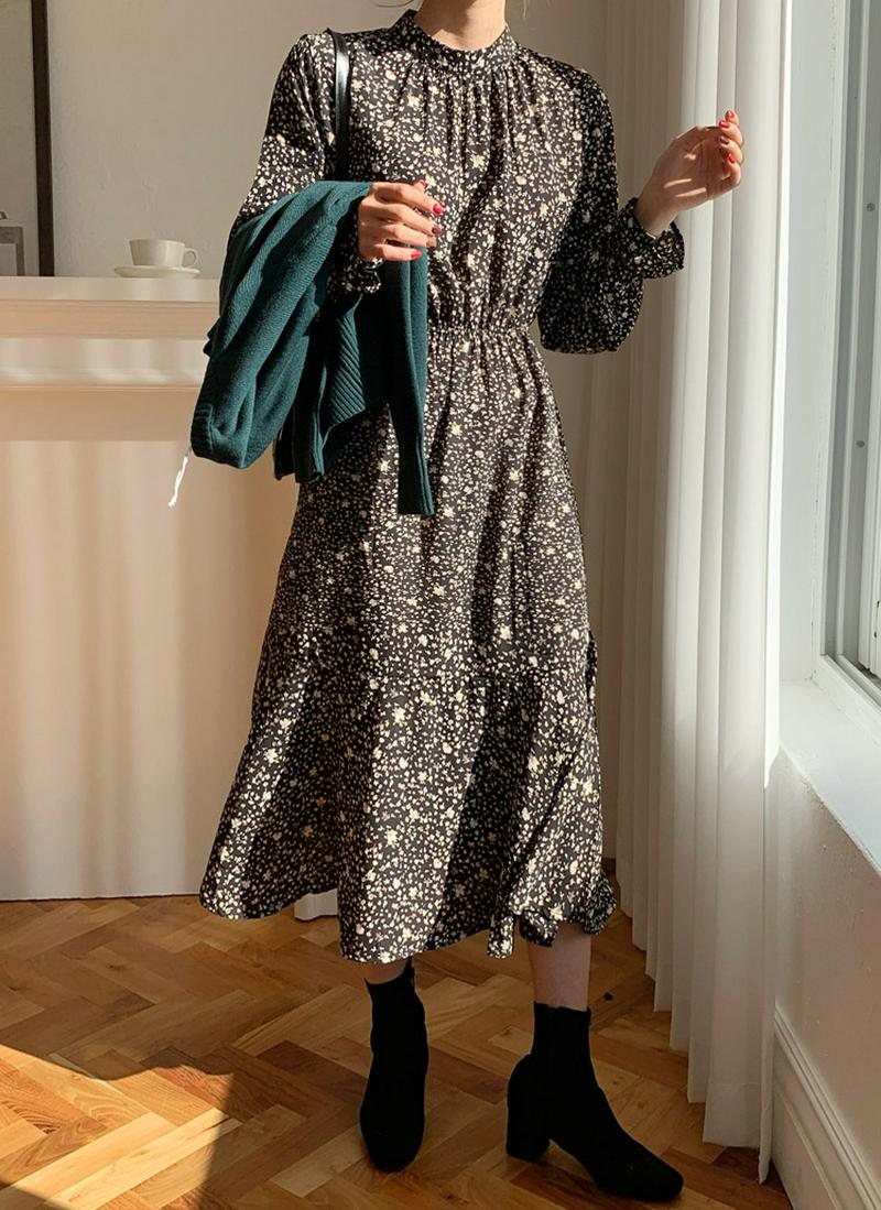 バンドカラー花柄ワンピース