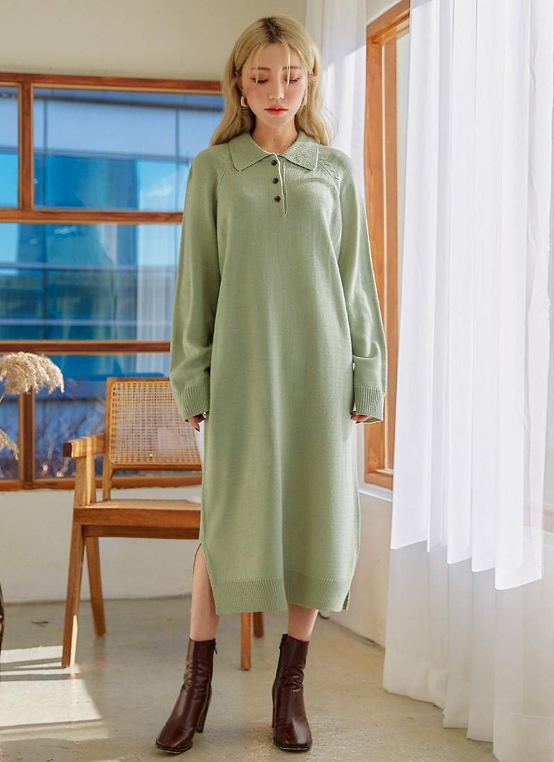 ポロカラーロングニットワンピース
