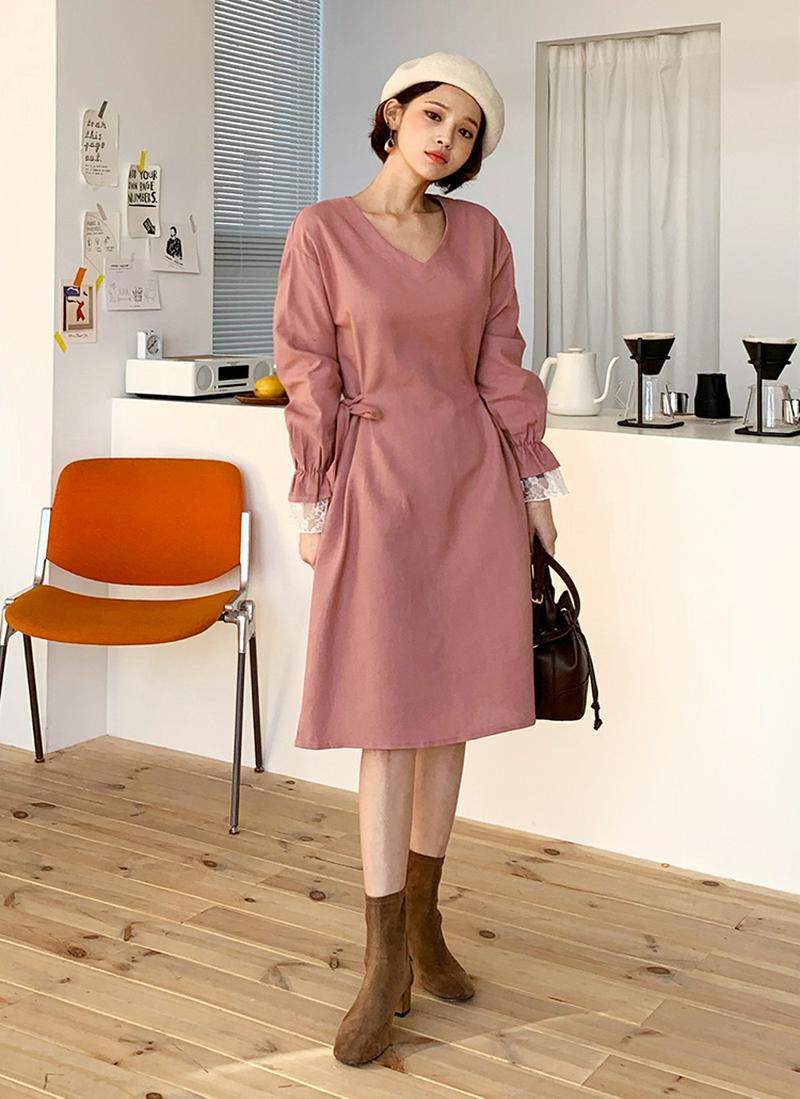 Vネックレーススリーブワンピース・全3色