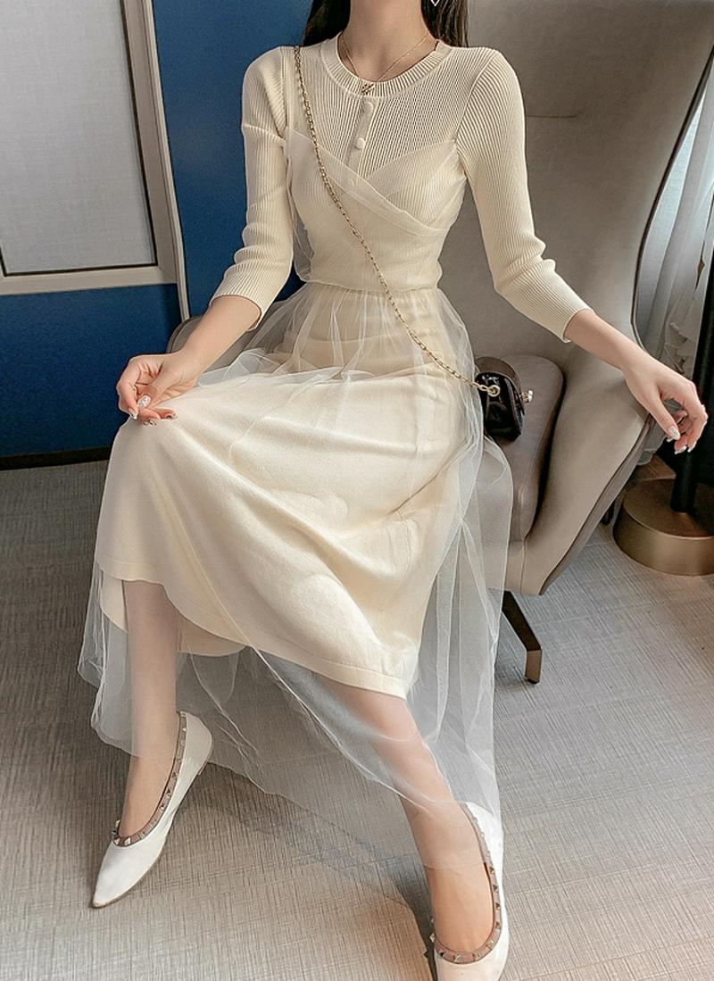 チュールレイヤードロングワンピース