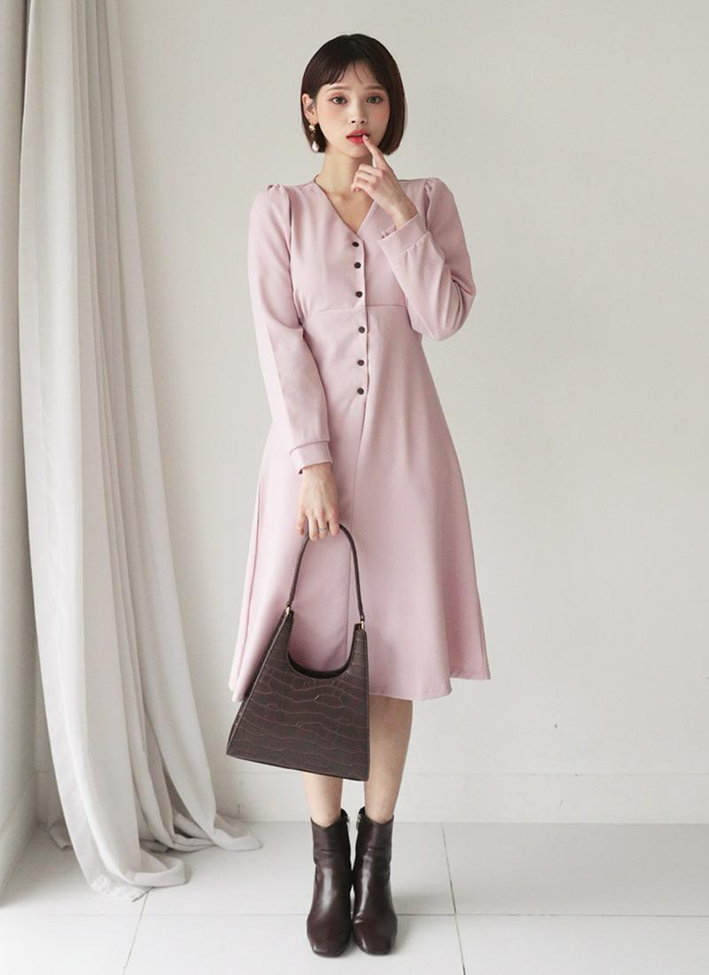 Vネックボタンワンピース・全3色