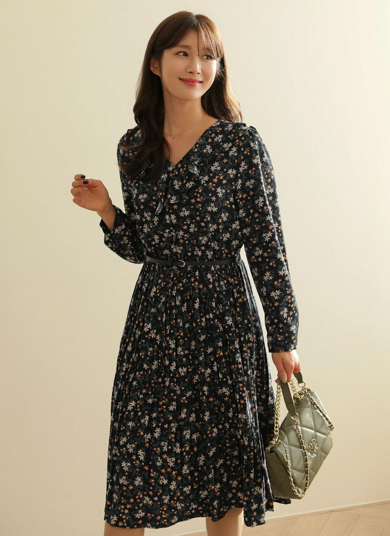 ベルト付フラワープリーツワンピース