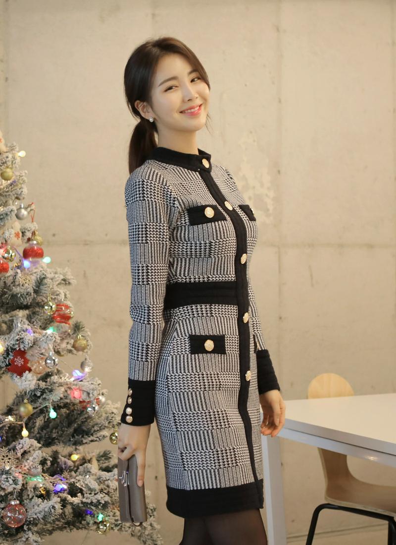 ボタンポイントチェックニットワンピース