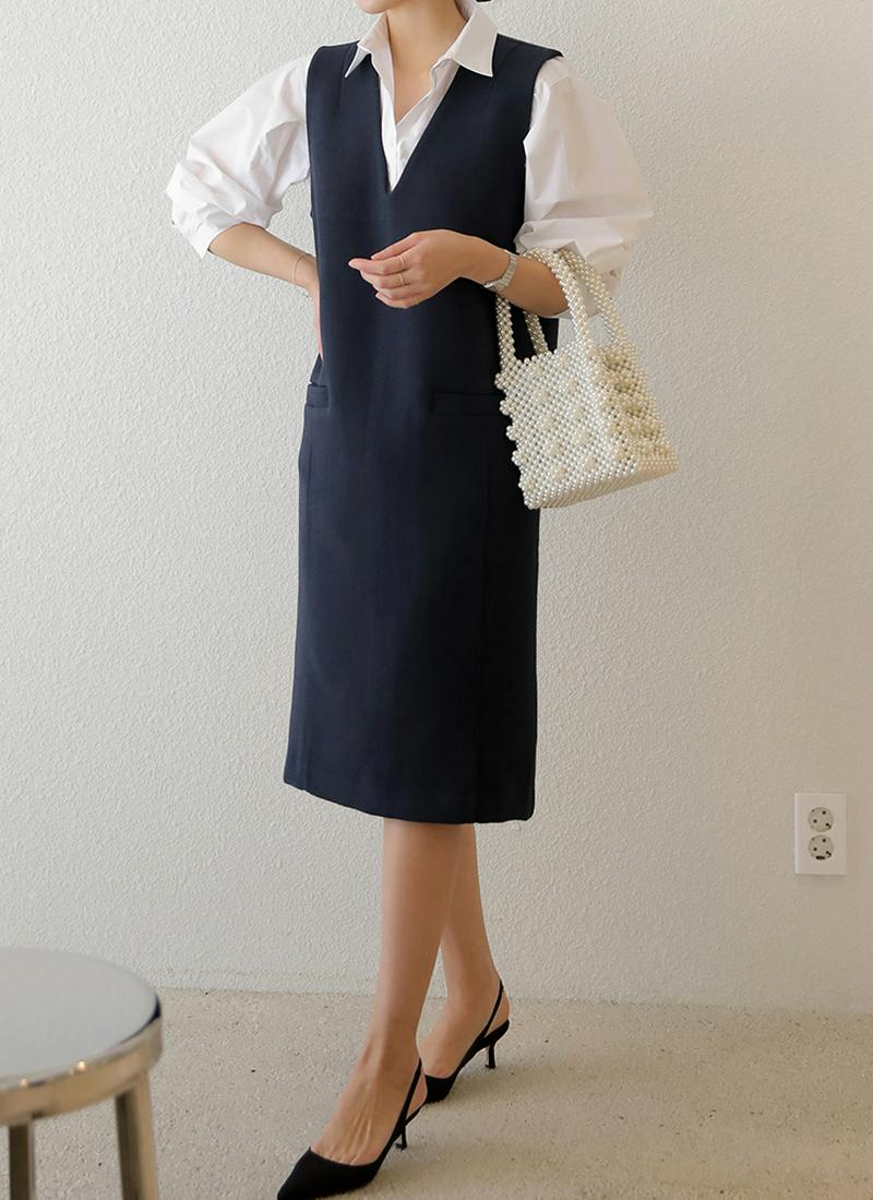 ノースリウール混Vネックワンピース