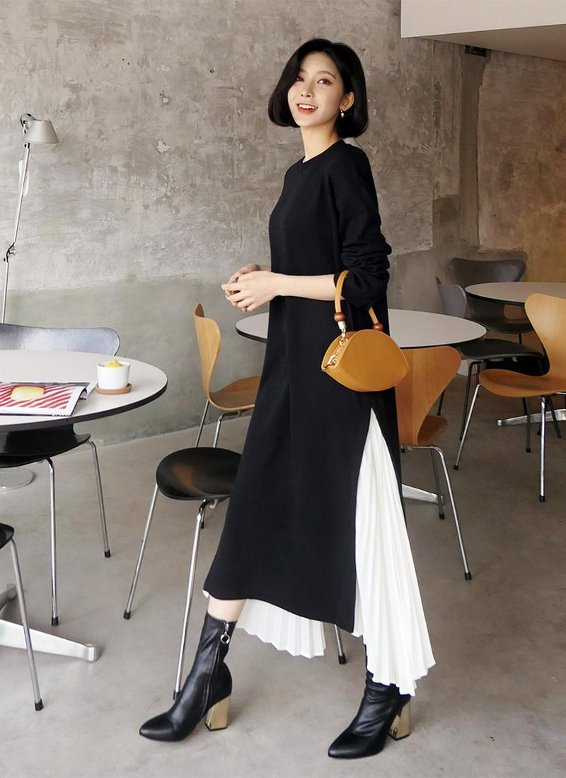 ≪人気商品再入荷≫サイドプリーツロングワンピース・全2色 t55699 レディース【ops】 韓国ファッション ワンピース マキシ 長袖 プリーツ 体型カバー 無地 ラウンドネック 大人 バズ 骨格ナチュラル 春 バイカラー 秋 スウェット ハイホリHIHOLLI
