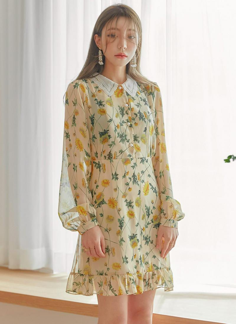 レースカラーフラワーワンピース