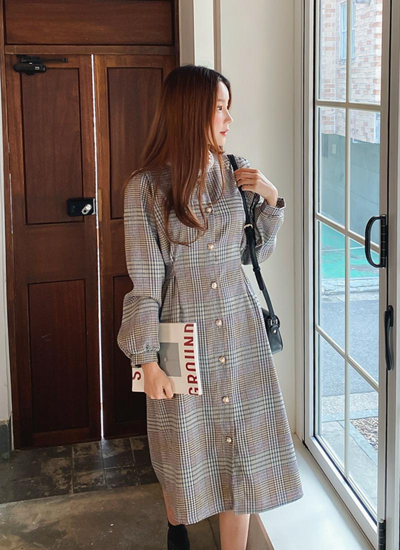 レースネックチェックワンピース