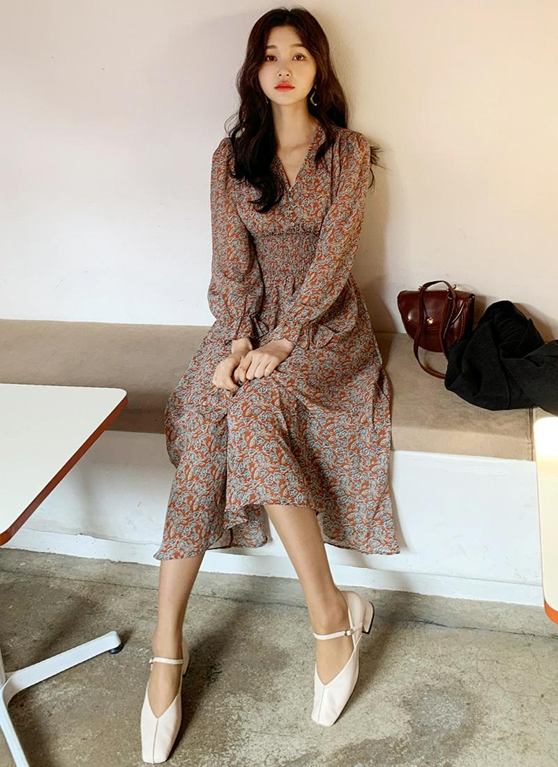 シャーリング花柄ワンピース・全2色