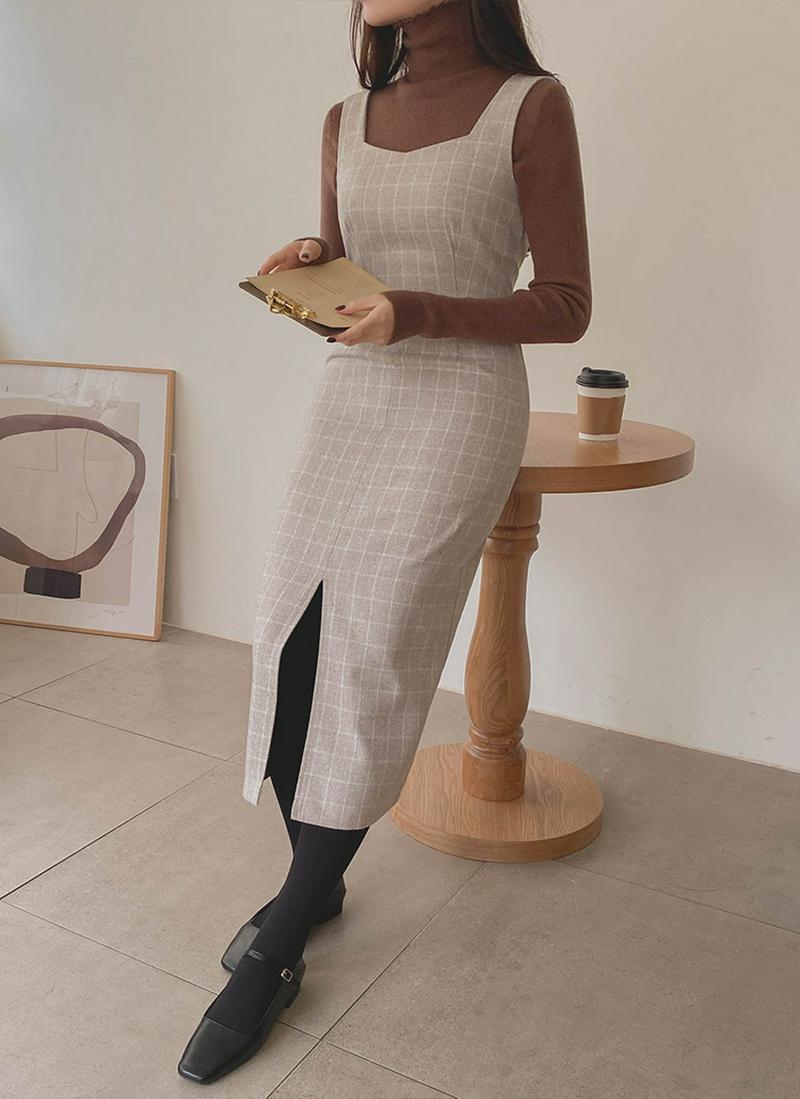 フロントスリットチェックワンピース