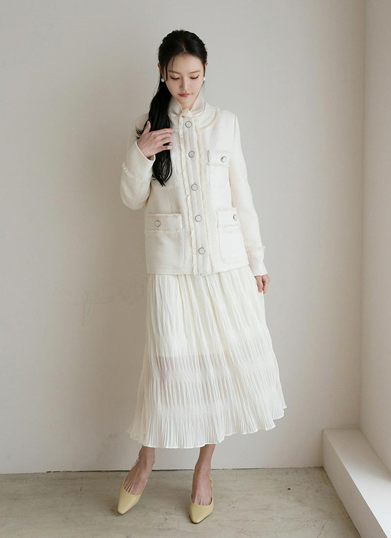 ノーカラーフリンジツイードジャケット