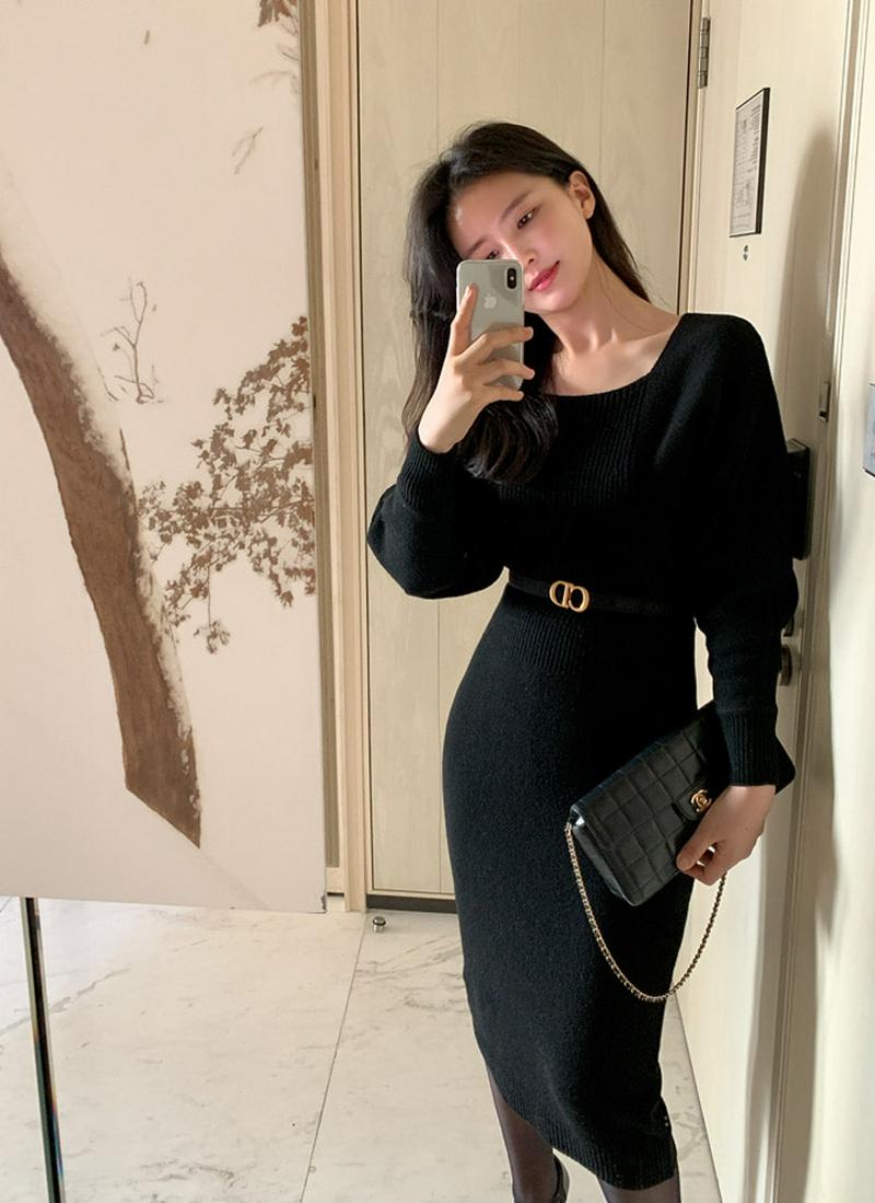 スクエアウール混ニットワンピース