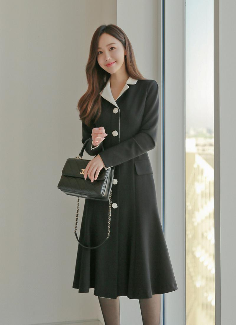 ジュエルボタン配色カラーワンピース