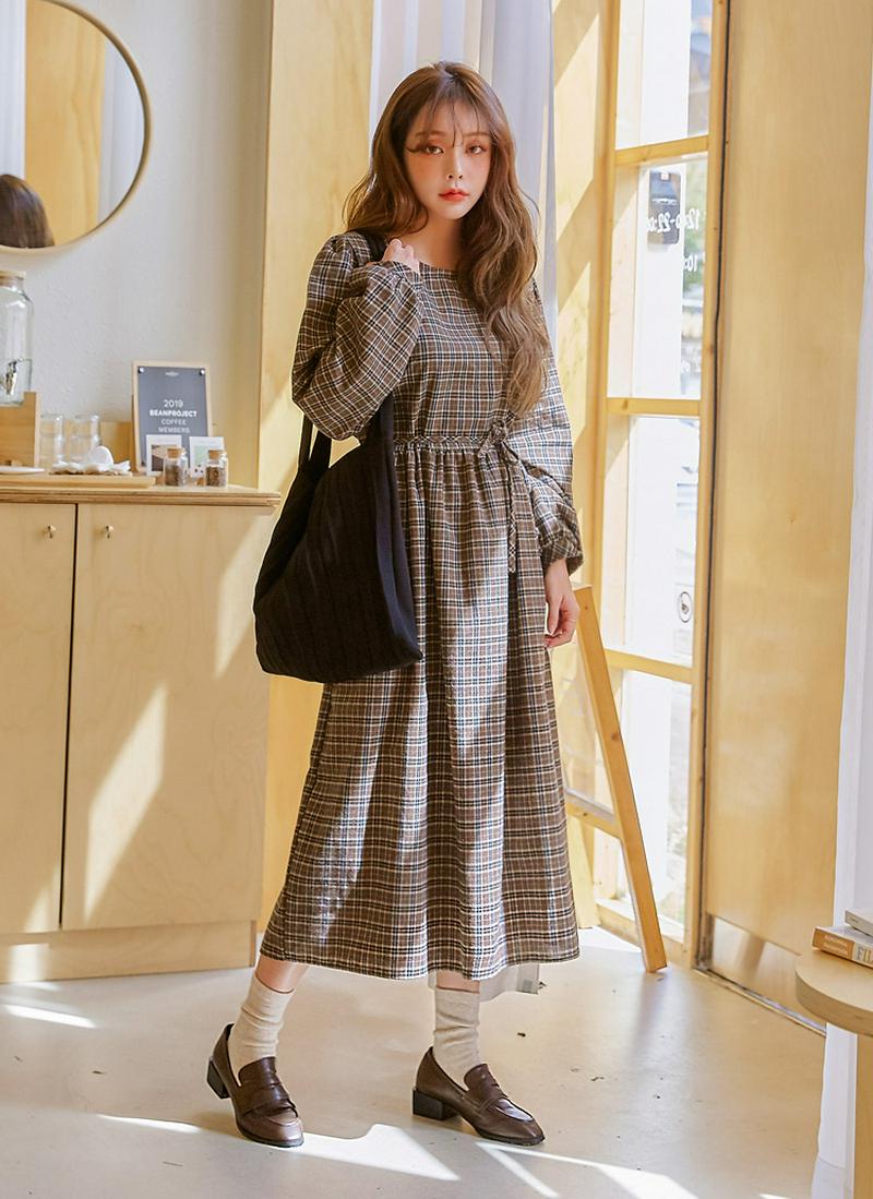 チェックロングワンピース