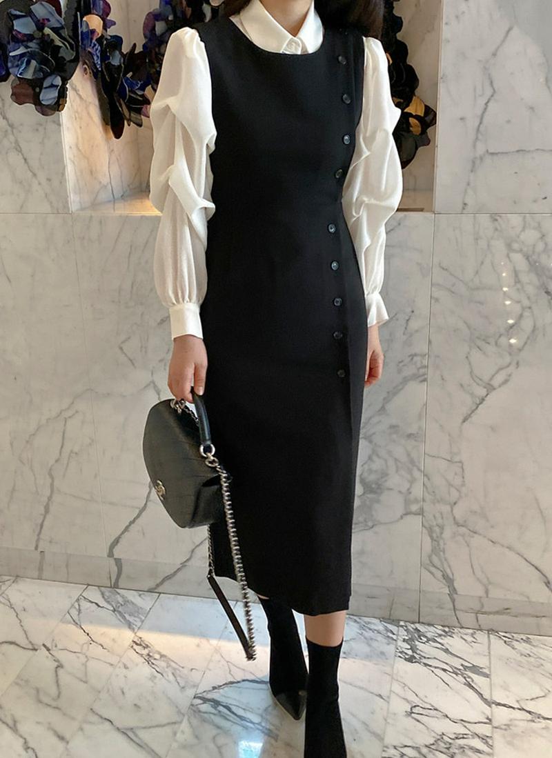 サイドボタンラインラウンドワンピース