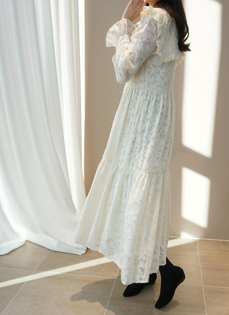フリルカラーロングレースワンピース