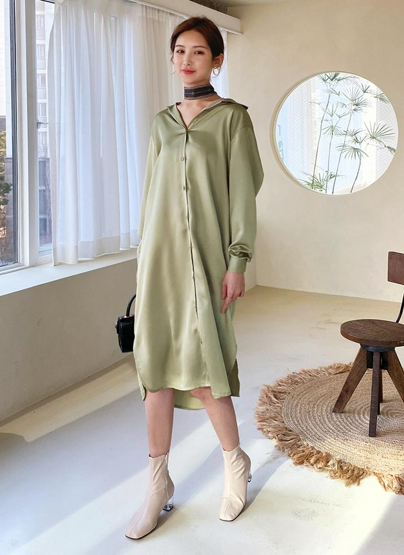 ストラップ付サテンシャツワンピース・全5色