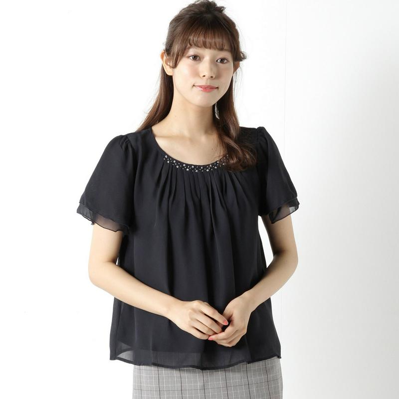 裏地カットソー使いビジューシフォンブラウス