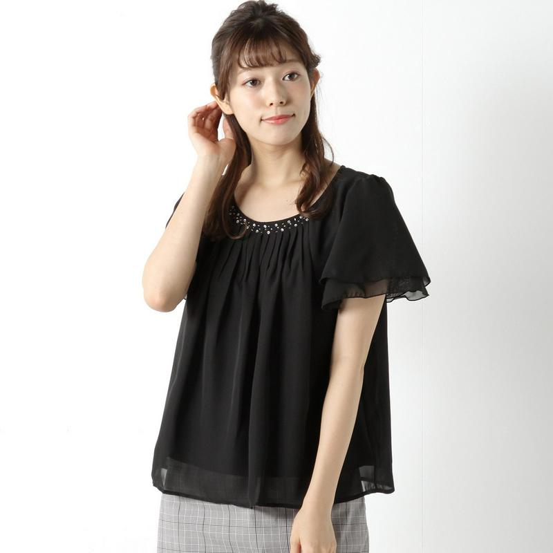 裏地カットソー使いビジューシフォンブラウス