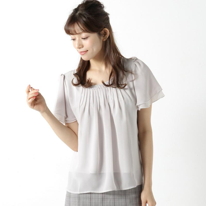 裏地カットソー使いビジューシフォンブラウス