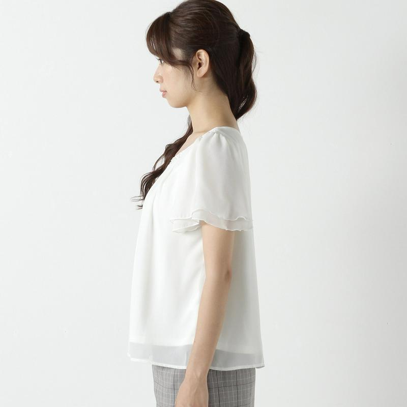 裏地カットソー使いビジューシフォンブラウス