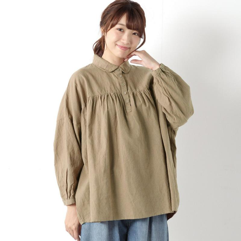 綿麻胸ギャザー丸襟シャツ