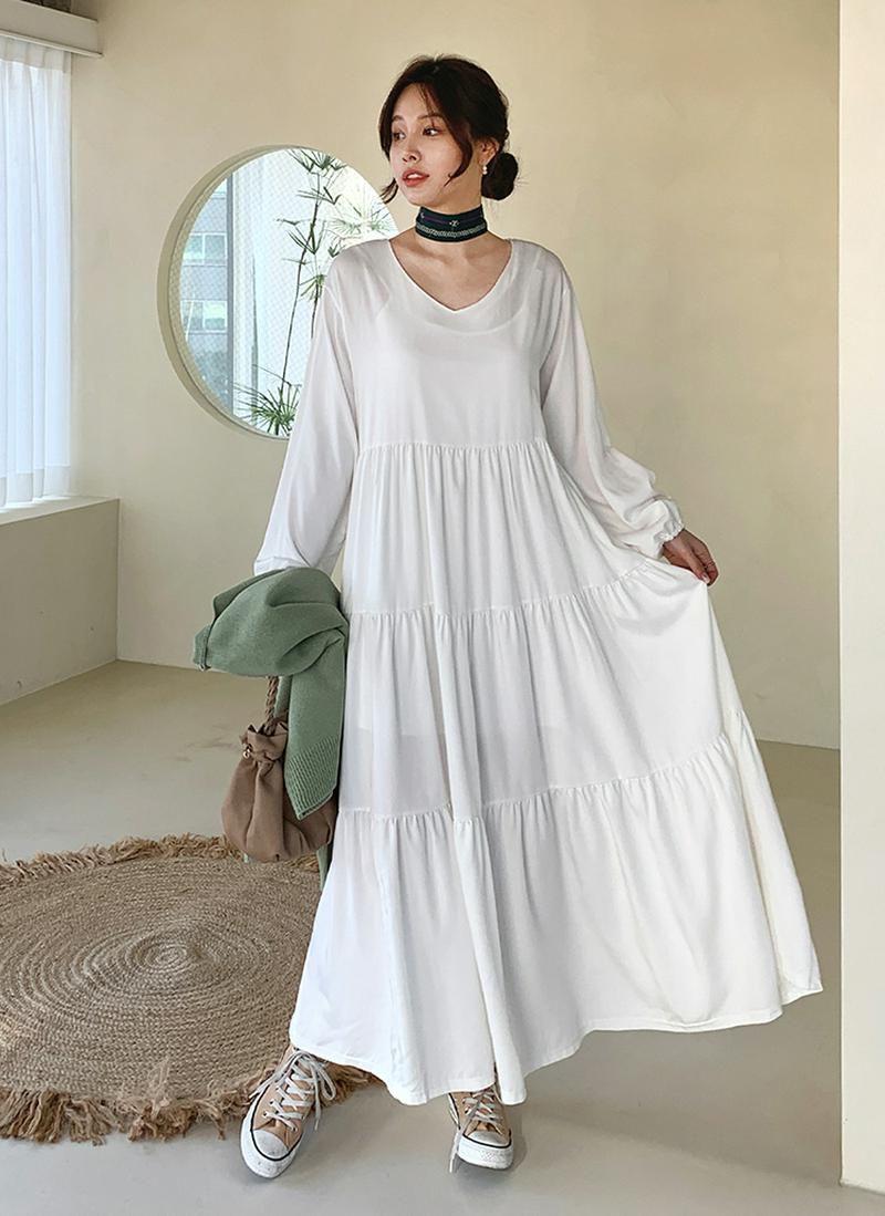 Vネックギャザーワンピース・全4色