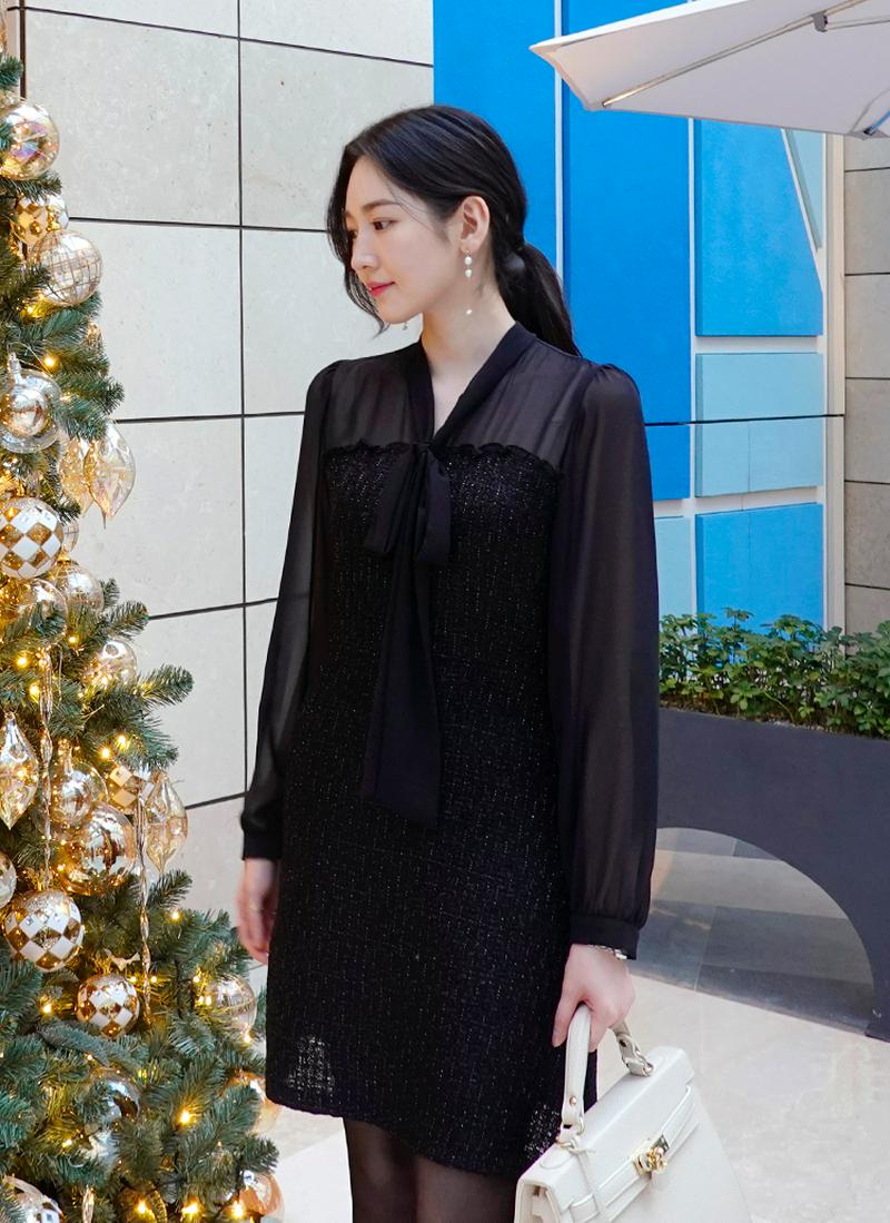 ストラップネック切替ツイードワンピース