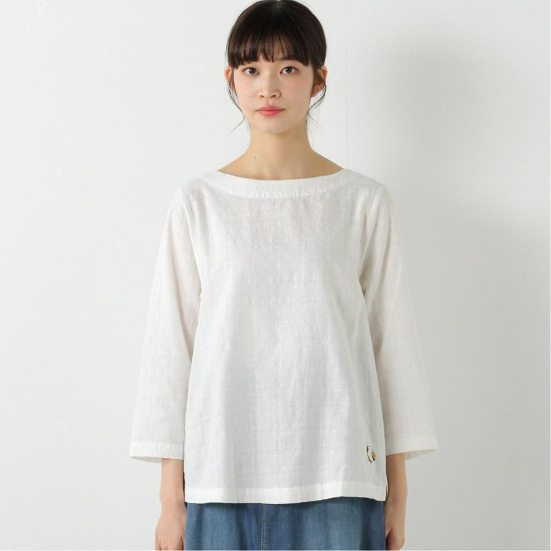 格子ジャガード７分袖スモックブラウス