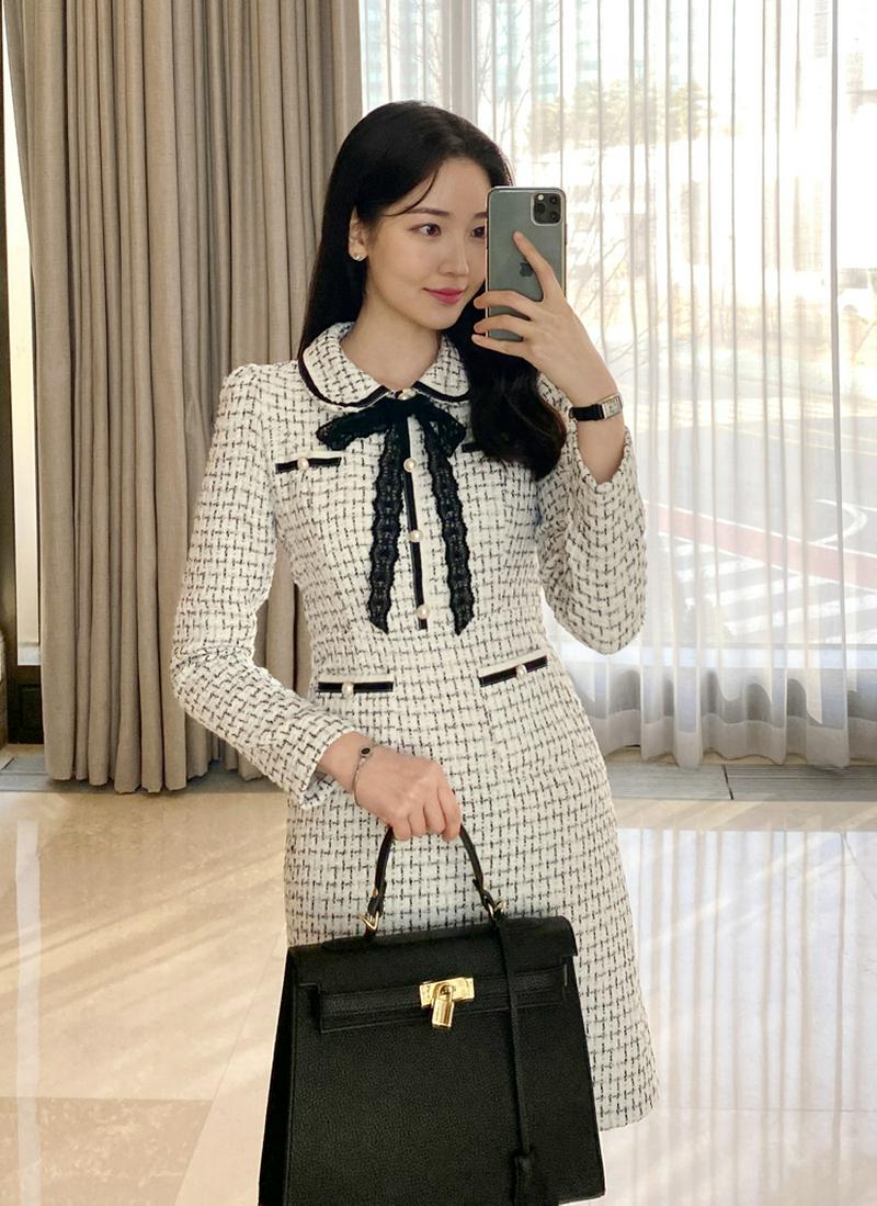 レースリボンツイードワンピース