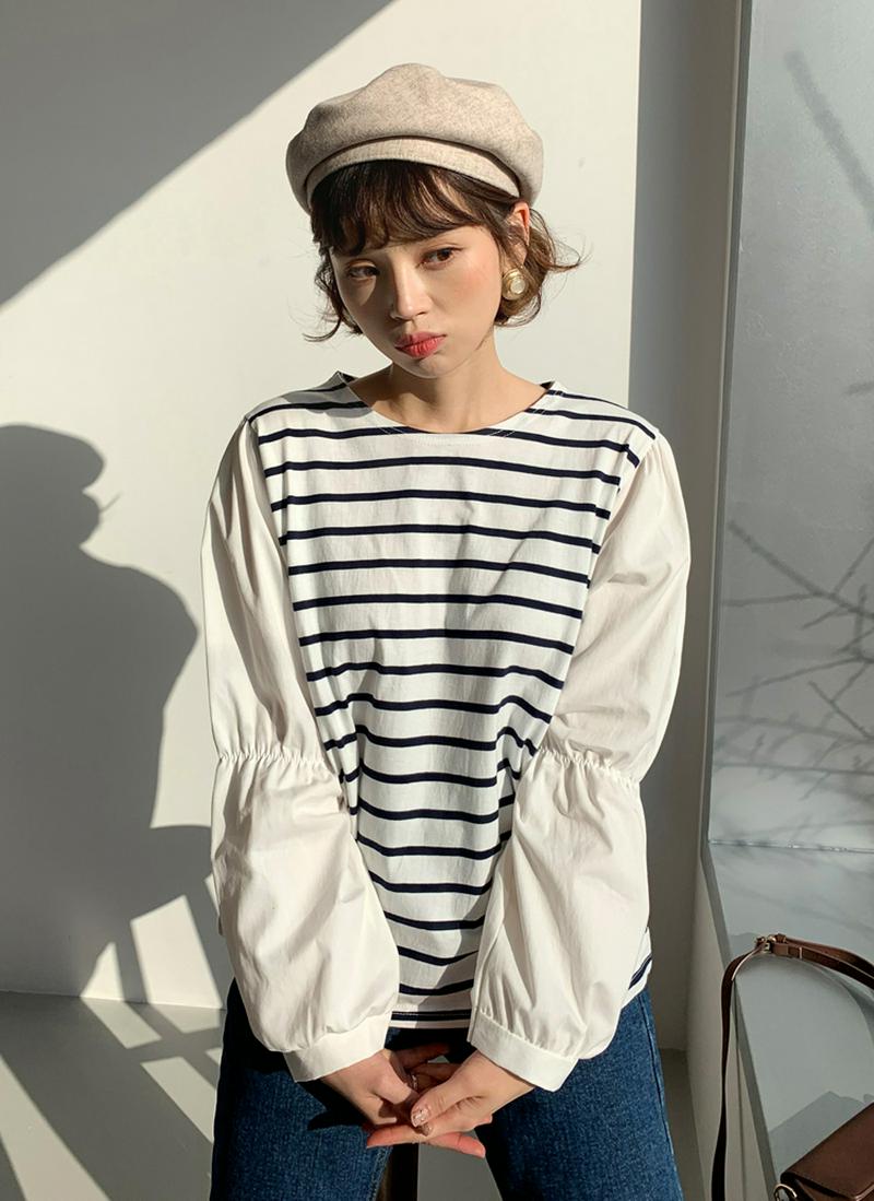 ボーダーパフスリーブTシャツ・全2色 t57433 レディース【tops】 トップス Tシャツ ラウンドネック 切り替え ボーダー柄 ボーダーTシャツ パフスリーブ カジュアル シャーリングスリーブ バイカラー 韓国ファッション 春 冬