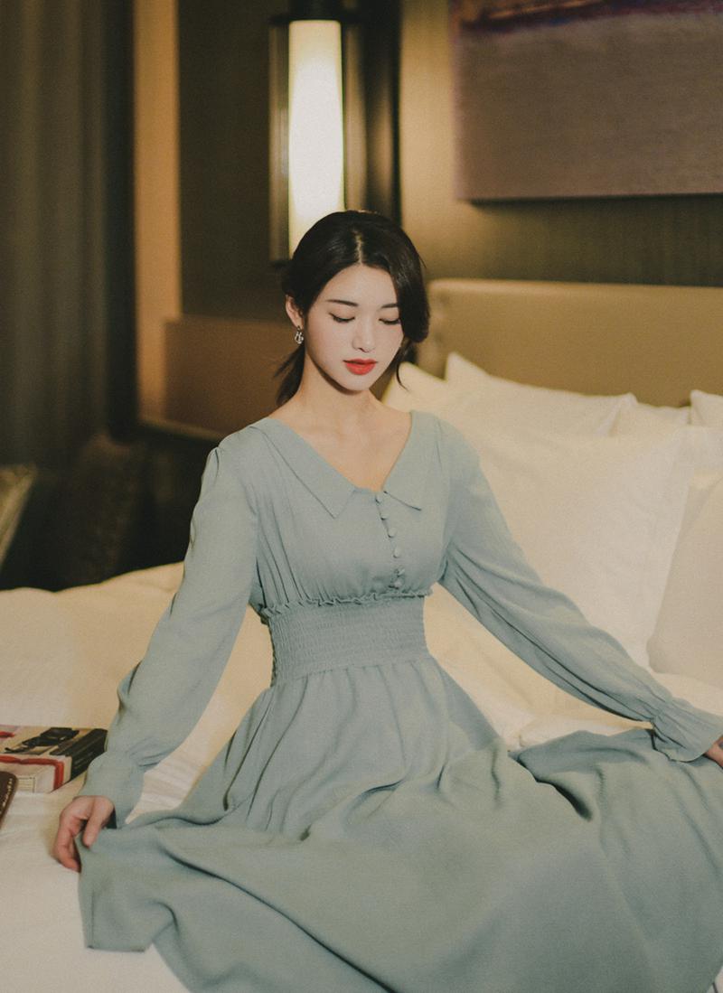 ウエストシャーリングカラーワンピース