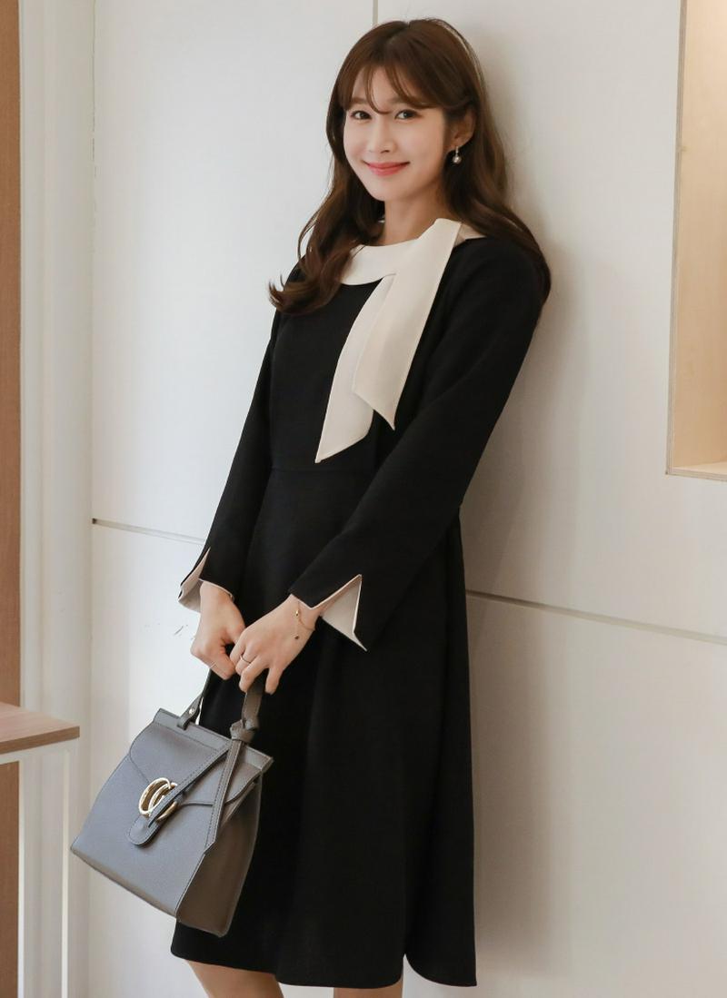 配色リボンミディワンピース