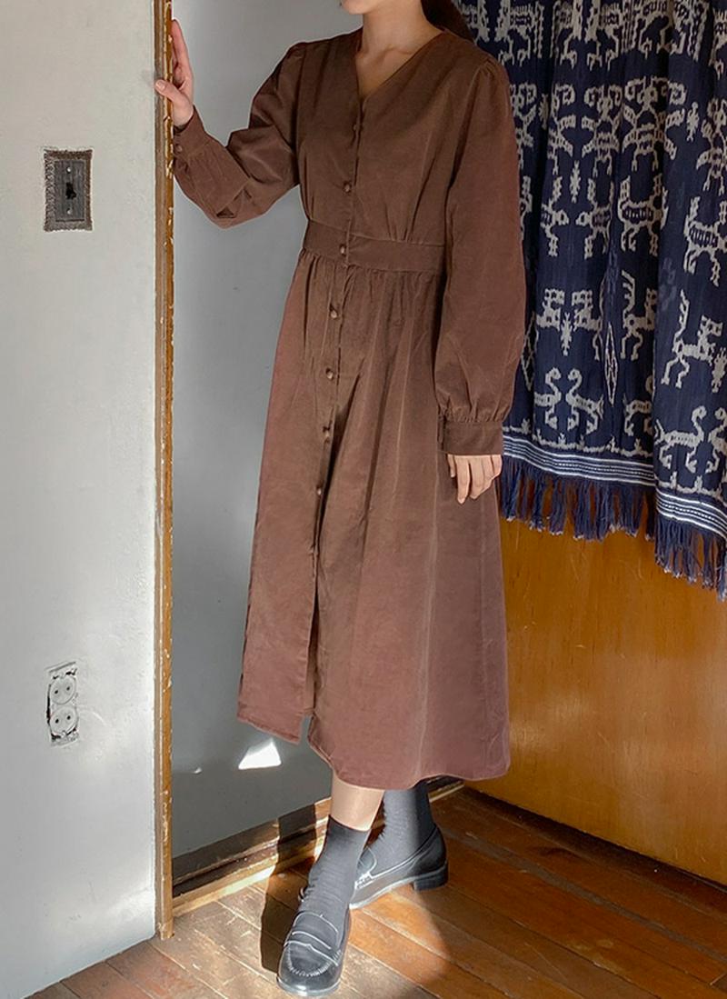 Vネックコーデュロイワンピース