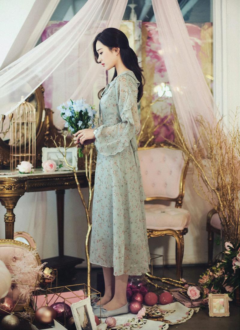 フリルスリーブ花柄ロングワンピース